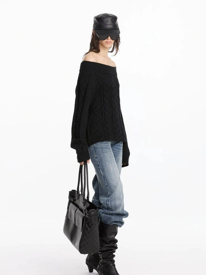 LYUOCHENG Oversized Off Shoulder Cable Knit Wool Sweater