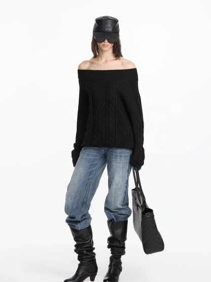 LYUOCHENG Oversized Off Shoulder Cable Knit Wool Sweater