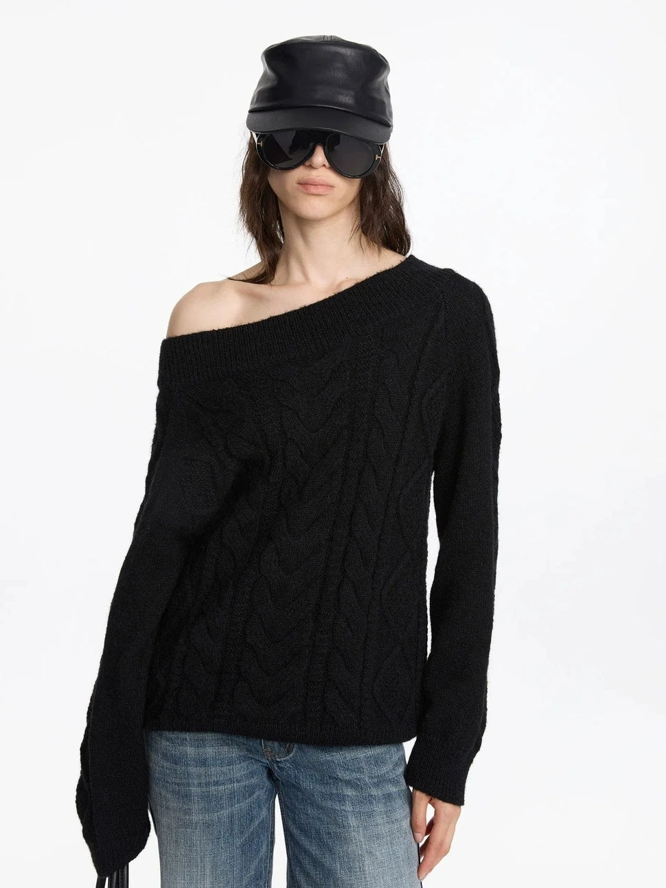 LYUOCHENG Oversized Off Shoulder Cable Knit Wool Sweater