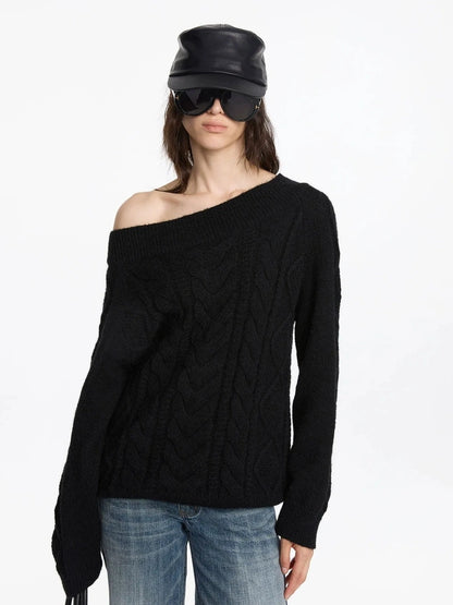 LYUOCHENG Oversized Off Shoulder Cable Knit Wool Sweater
