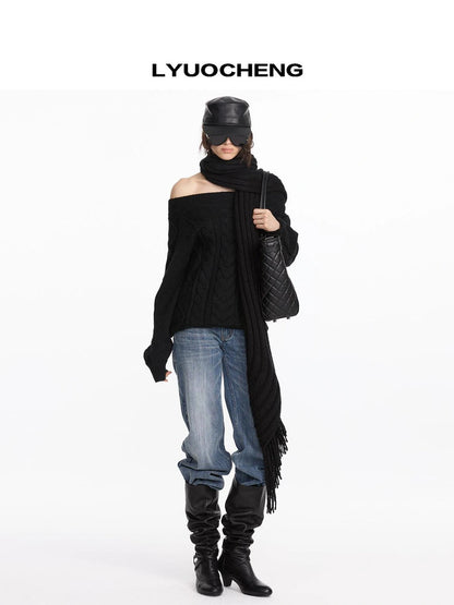 LYUOCHENG Oversized Off Shoulder Cable Knit Wool Sweater
