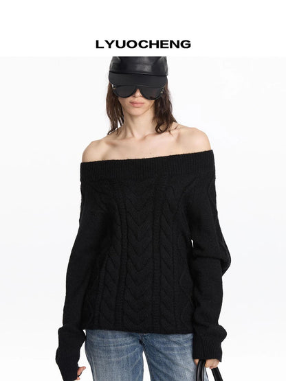 LYUOCHENG Oversized Off Shoulder Cable Knit Wool Sweater