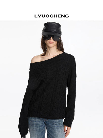 LYUOCHENG Oversized Off Shoulder Cable Knit Wool Sweater