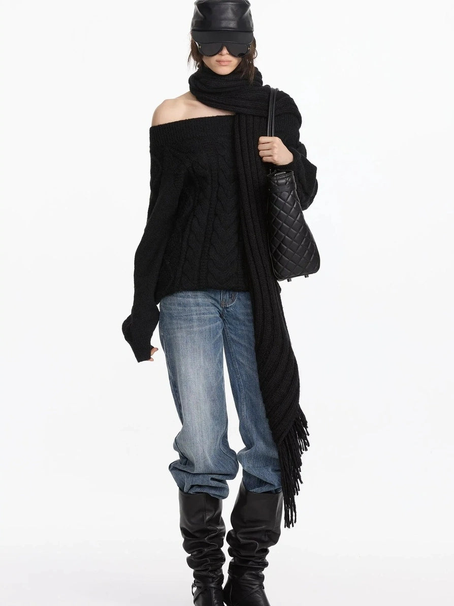 LYUOCHENG Oversized Off Shoulder Cable Knit Wool Sweater