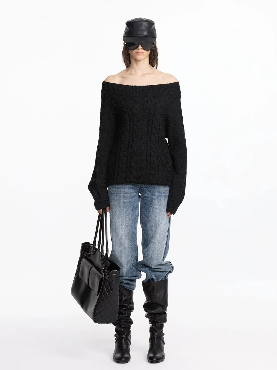LYUOCHENG Oversized Off Shoulder Cable Knit Wool Sweater