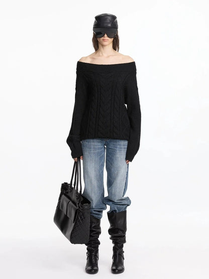 LYUOCHENG Oversized Off Shoulder Cable Knit Wool Sweater