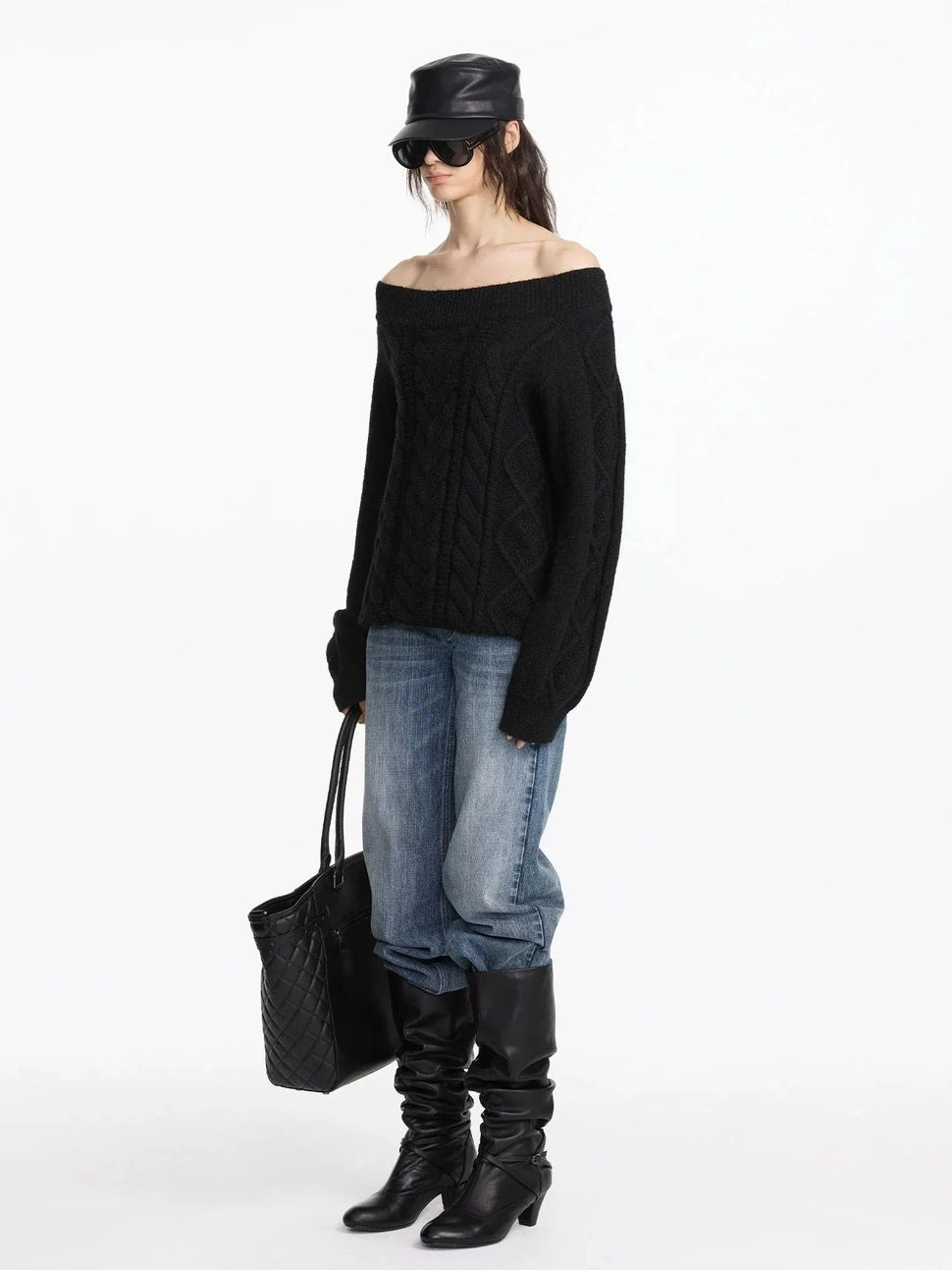 LYUOCHENG Oversized Off Shoulder Cable Knit Wool Sweater