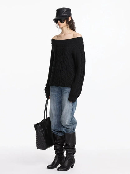 LYUOCHENG Oversized Off Shoulder Cable Knit Wool Sweater