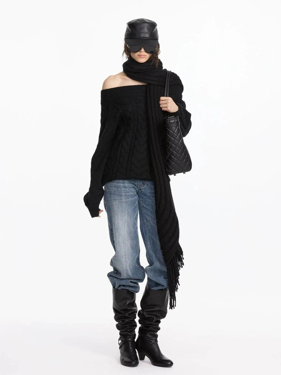LYUOCHENG Oversized Off Shoulder Cable Knit Wool Sweater