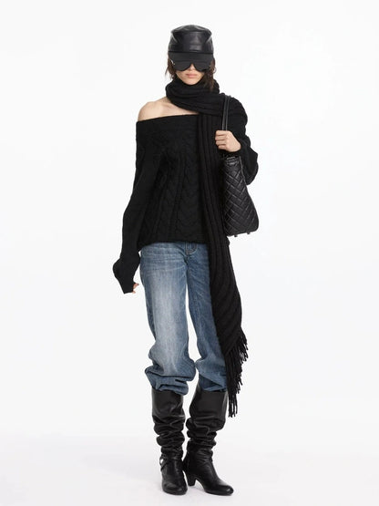 LYUOCHENG Oversized Off Shoulder Cable Knit Wool Sweater