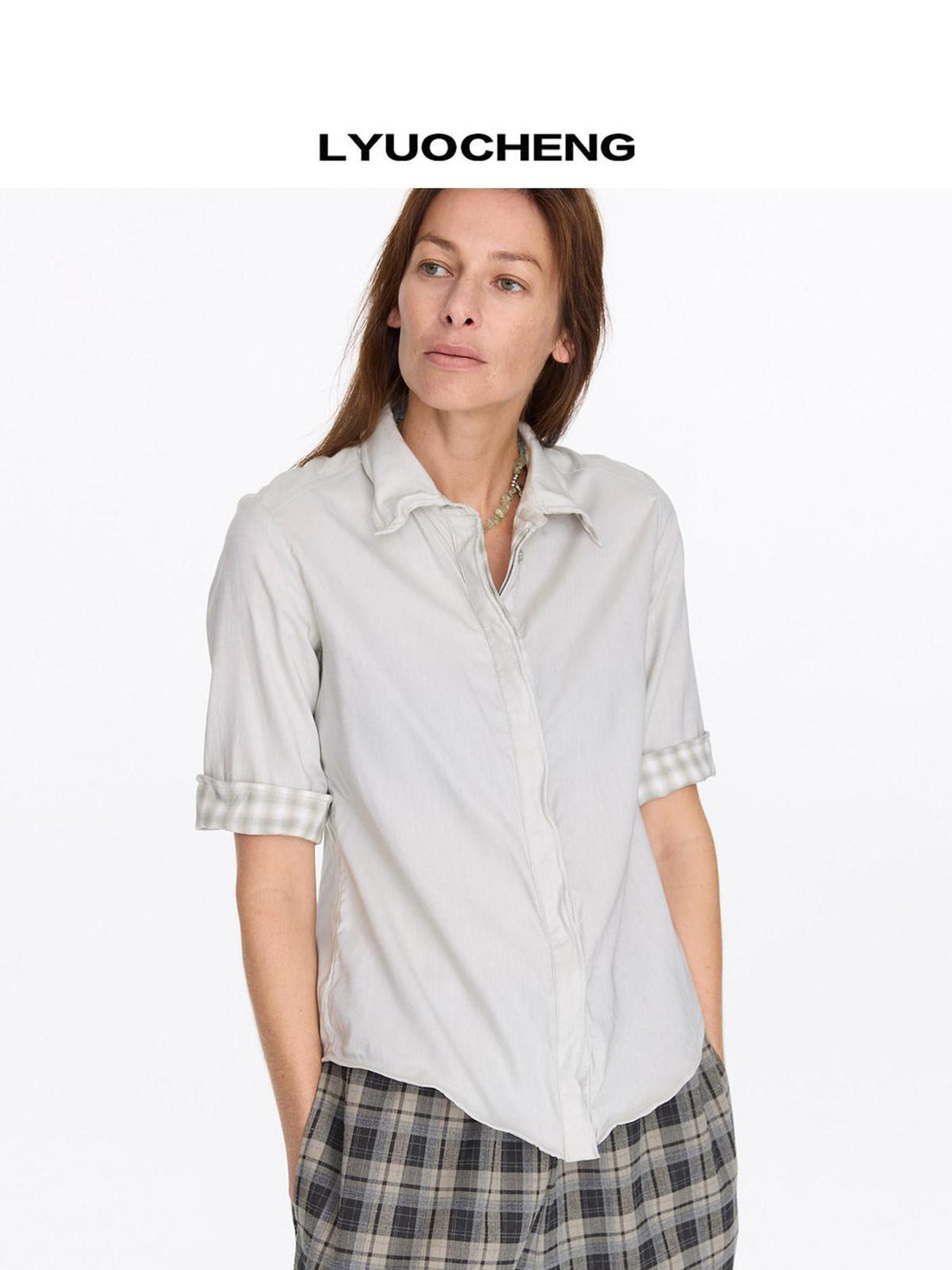 LYUOCHENG Pale Yellow Plaid Patchwork Collar Women&