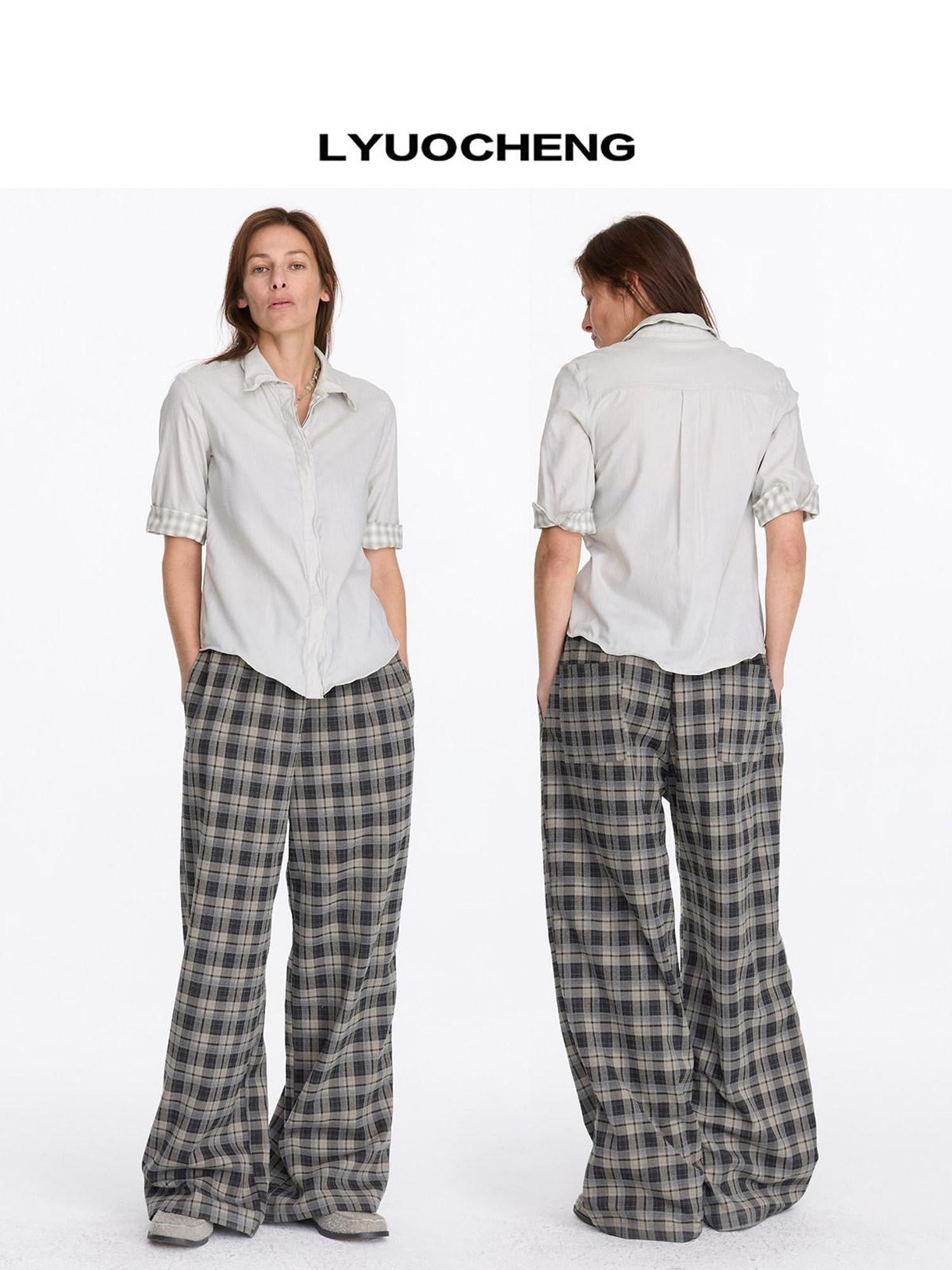 LYUOCHENG Pale Yellow Plaid Patchwork Collar Women&