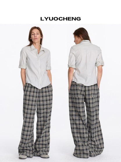 LYUOCHENG Pale Yellow Plaid Patchwork Collar Women&