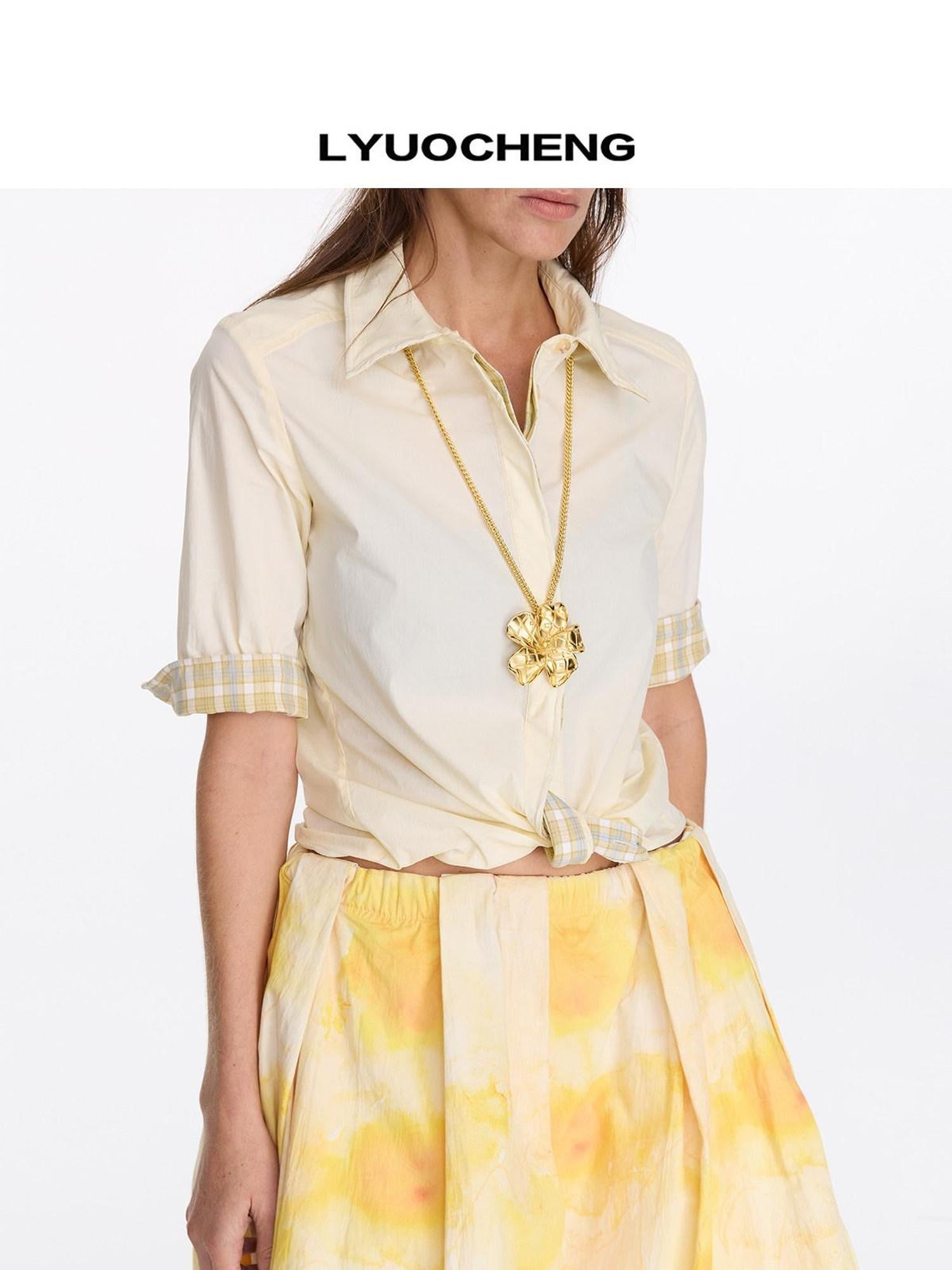 LYUOCHENG Pale Yellow Plaid Patchwork Collar Women&