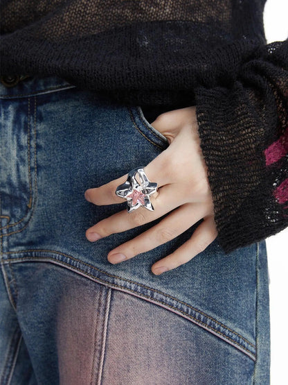LYUOCHENG Pink Zirconia Inlaid 3D Star Ring