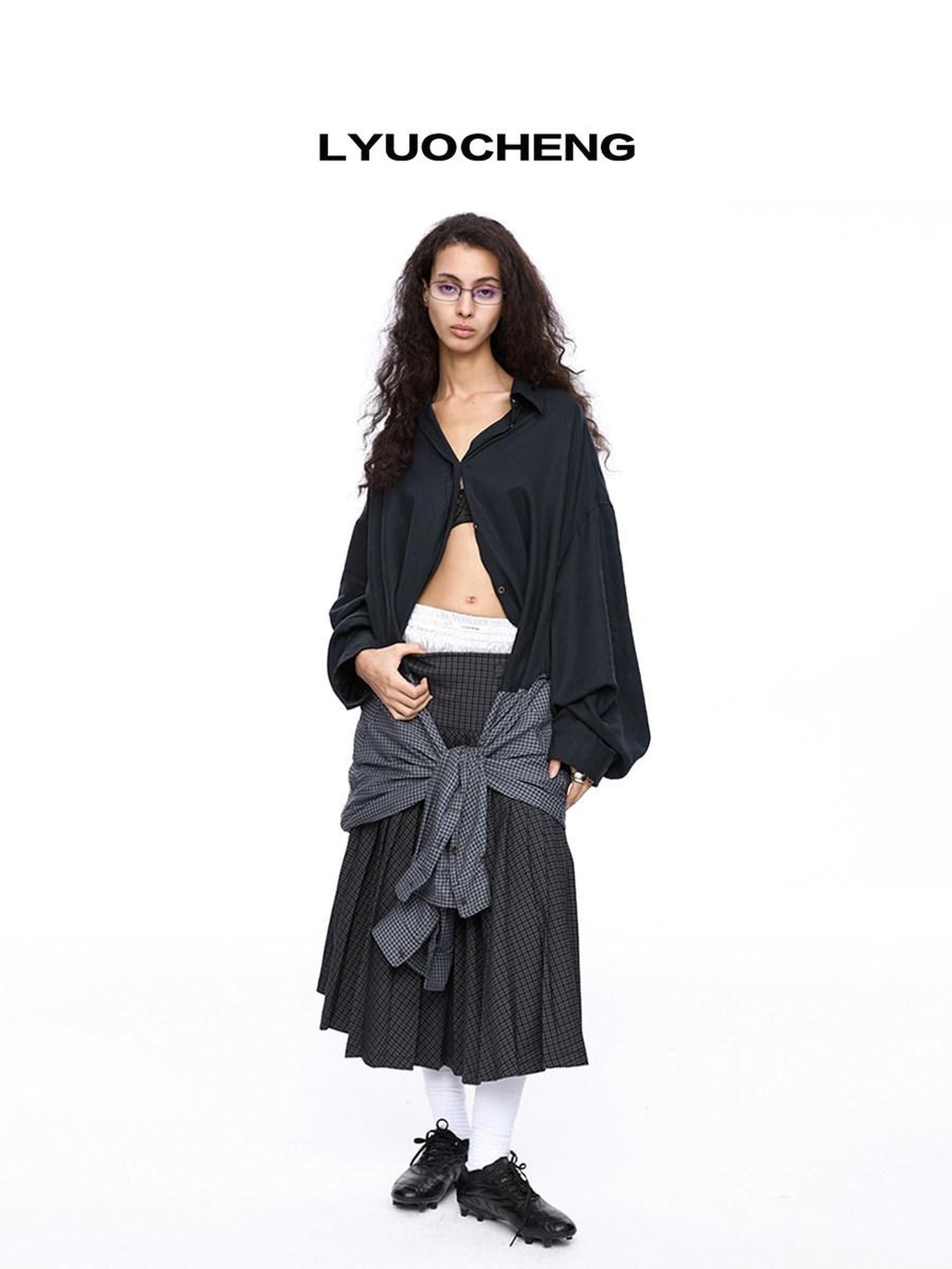 LYUOCHENG Plaid Double Collar Buttoned Midlength Loose Women&