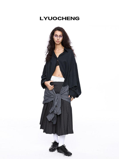 LYUOCHENG Plaid Double Collar Buttoned Midlength Loose Women&