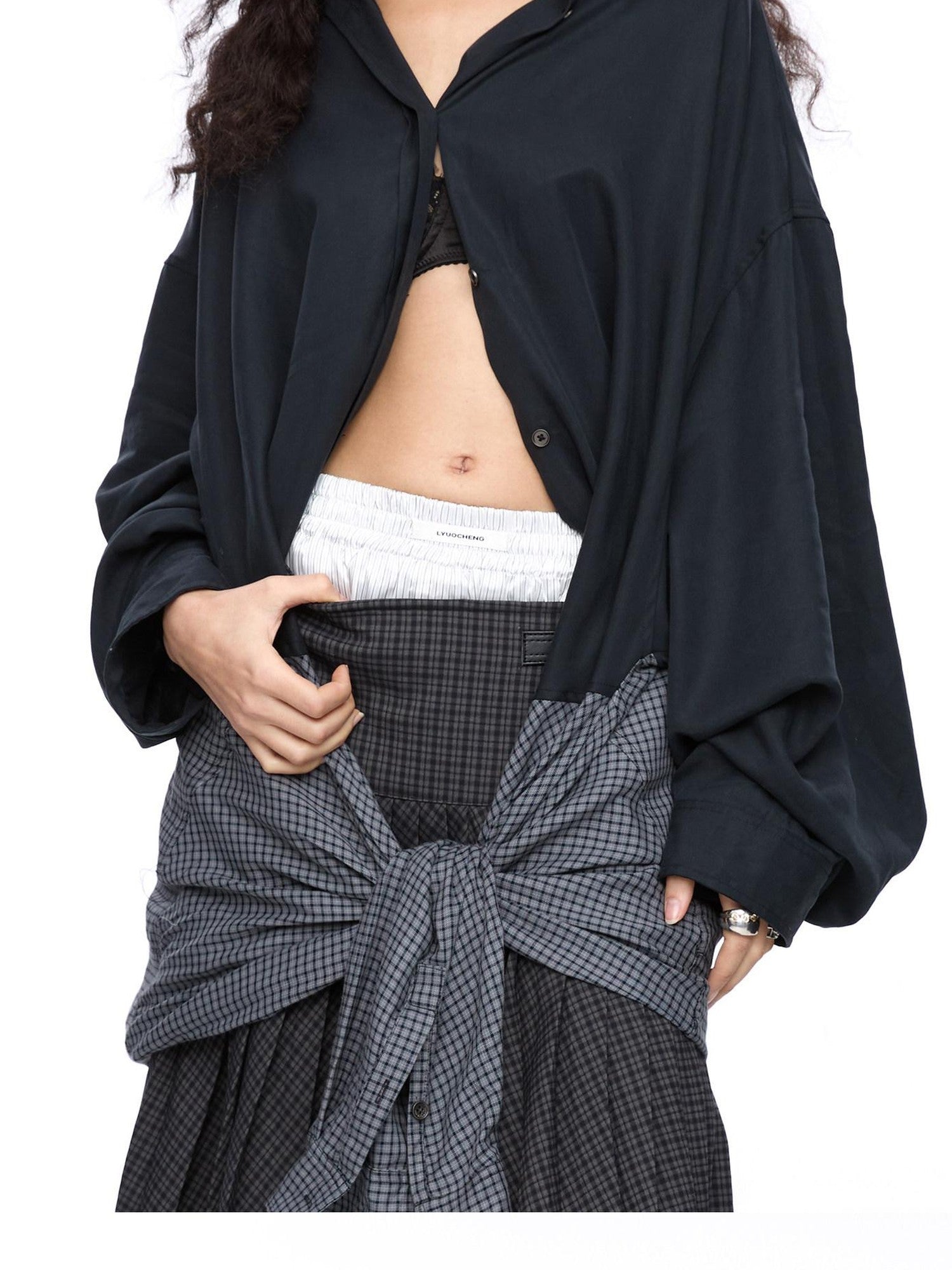 LYUOCHENG Plaid Double Collar Buttoned Midlength Loose Women&