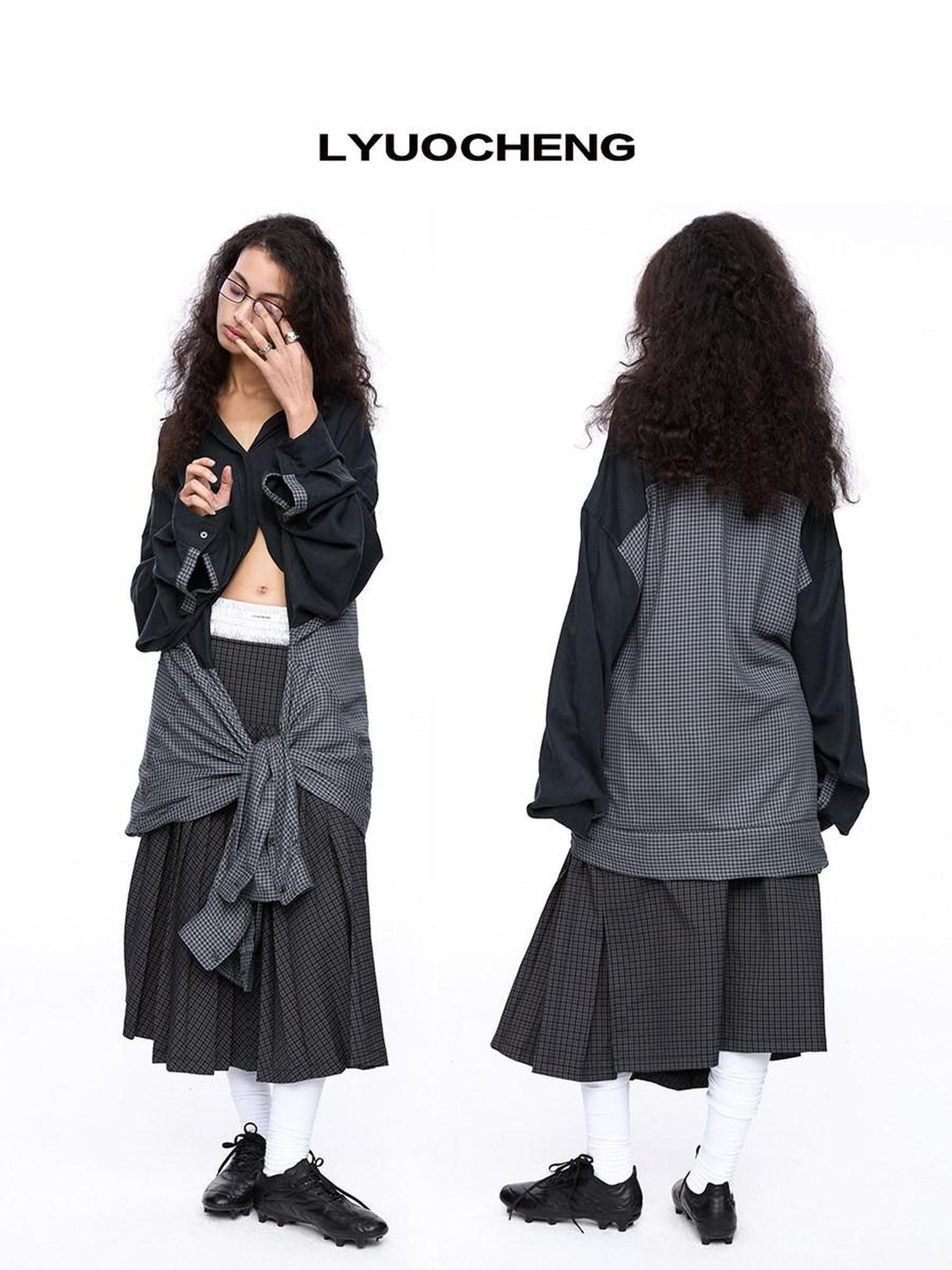 LYUOCHENG Plaid Double Collar Buttoned Midlength Loose Women&