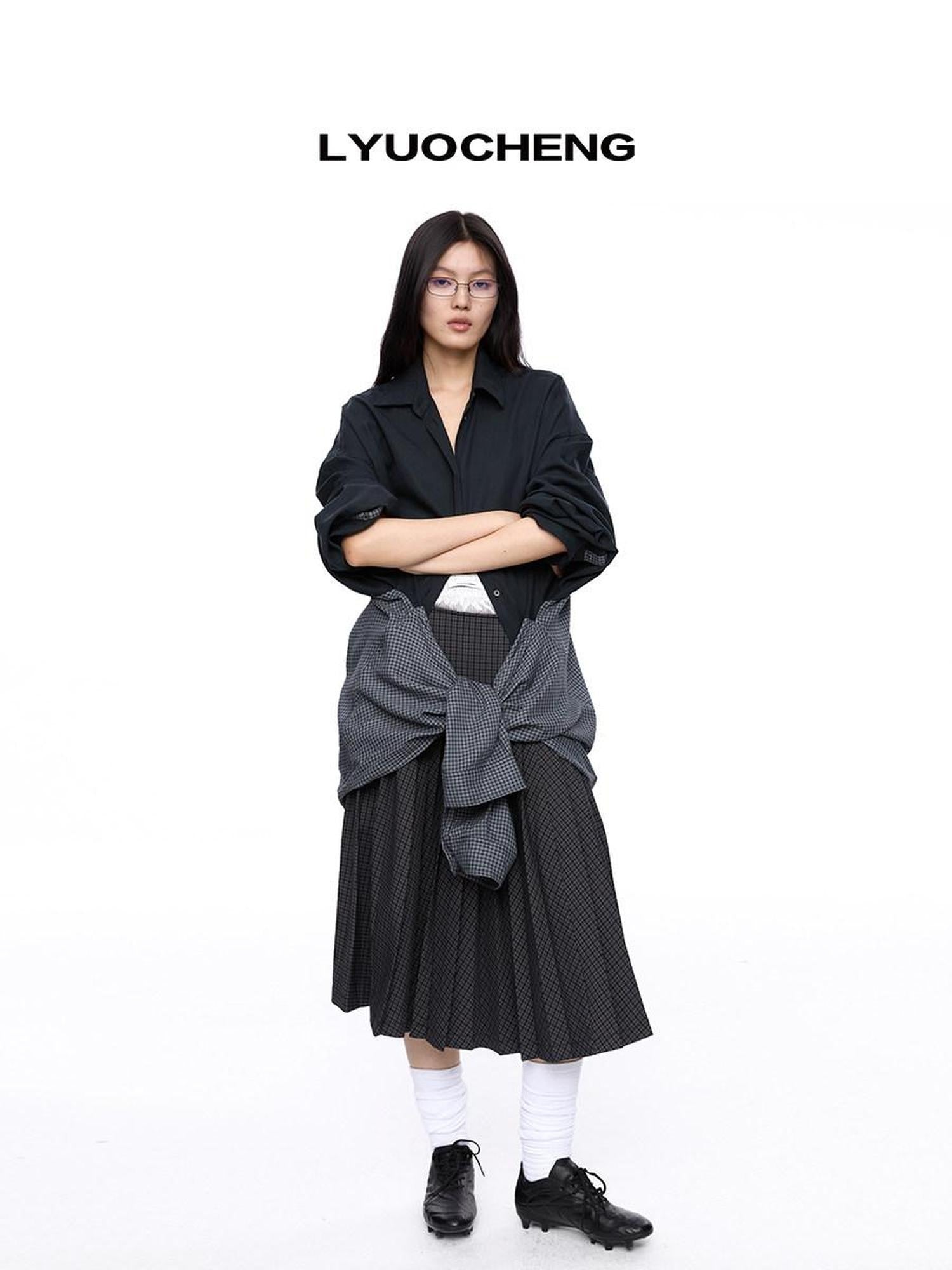 LYUOCHENG Plaid Double Collar Buttoned Midlength Loose Women&