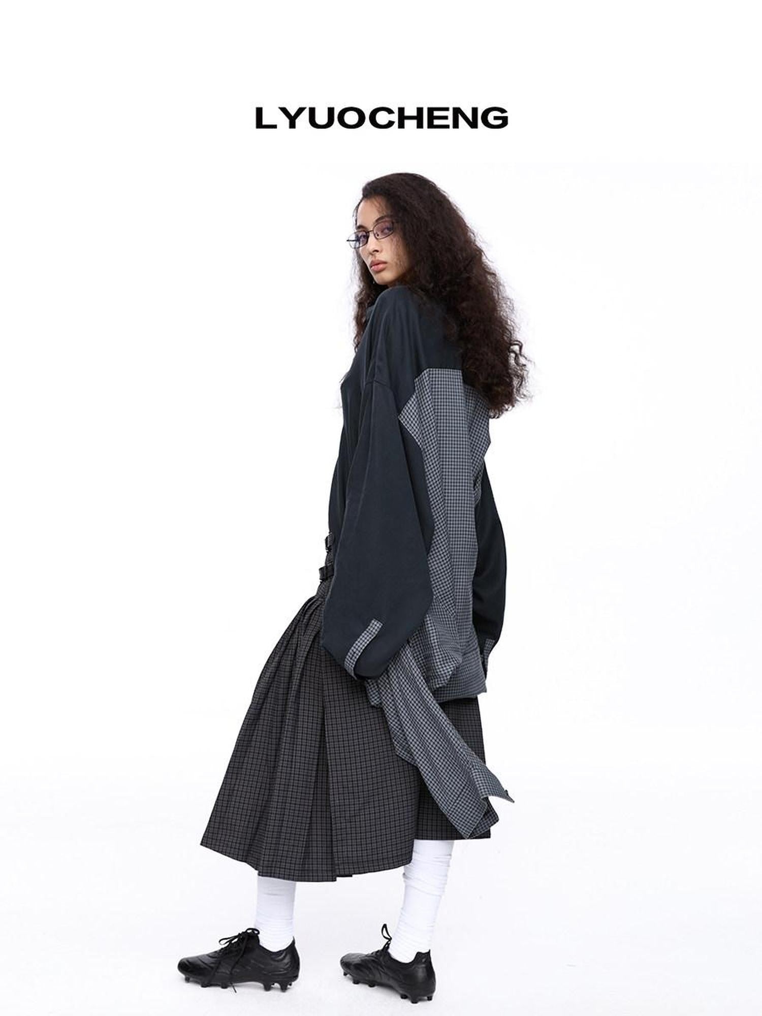 LYUOCHENG Plaid Double Collar Buttoned Midlength Loose Women&