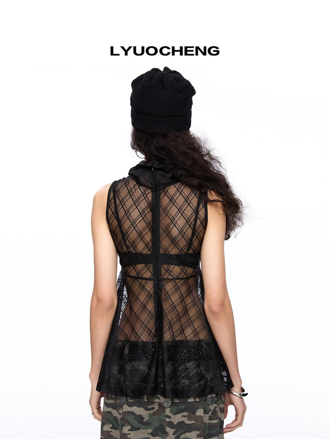 LYUOCHENG Plaid Mesh High Neck Vintage Women&