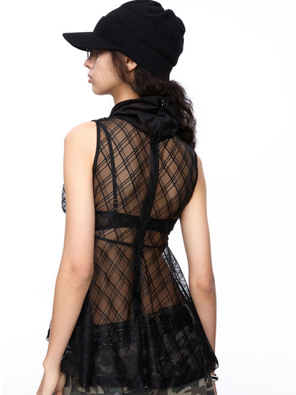 LYUOCHENG Plaid Mesh High Neck Vintage Women&