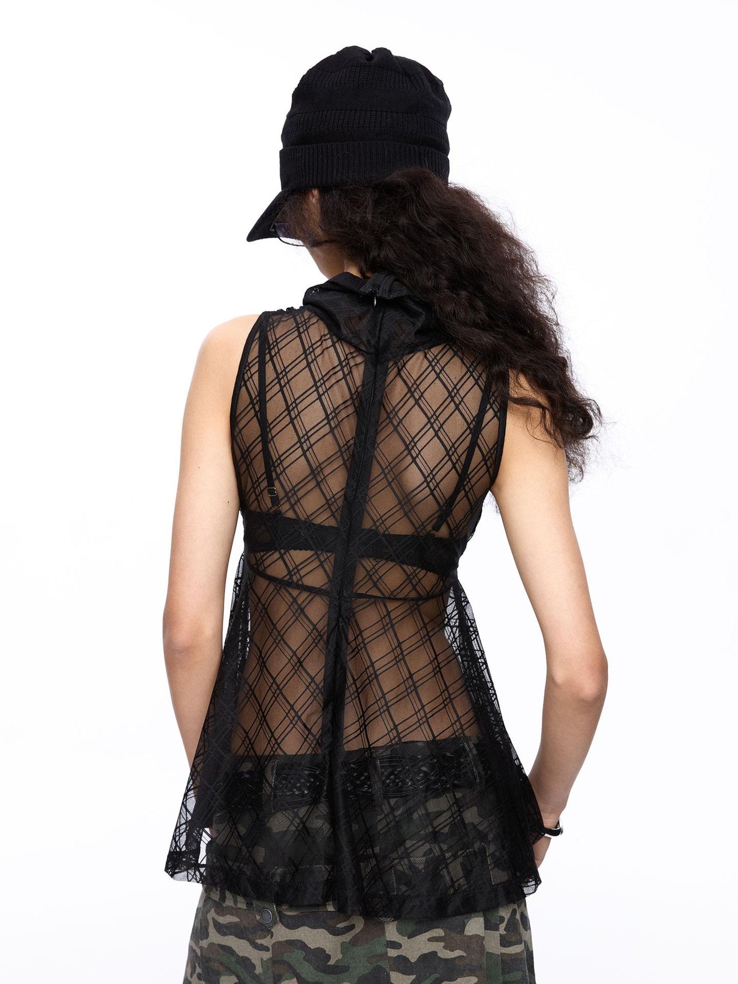 LYUOCHENG Plaid Mesh High Neck Vintage Women&