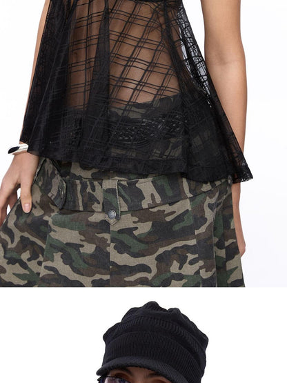 LYUOCHENG Plaid Mesh High Neck Vintage Women&