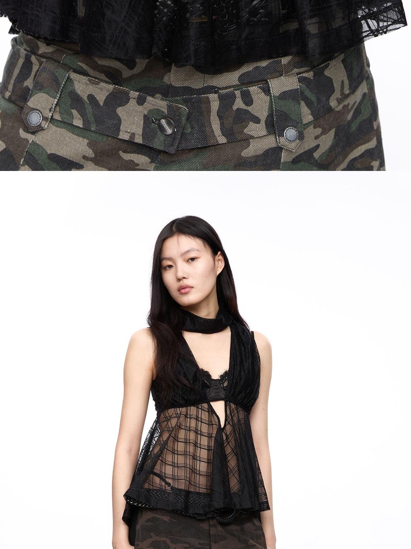 LYUOCHENG Plaid Mesh High Neck Vintage Women&