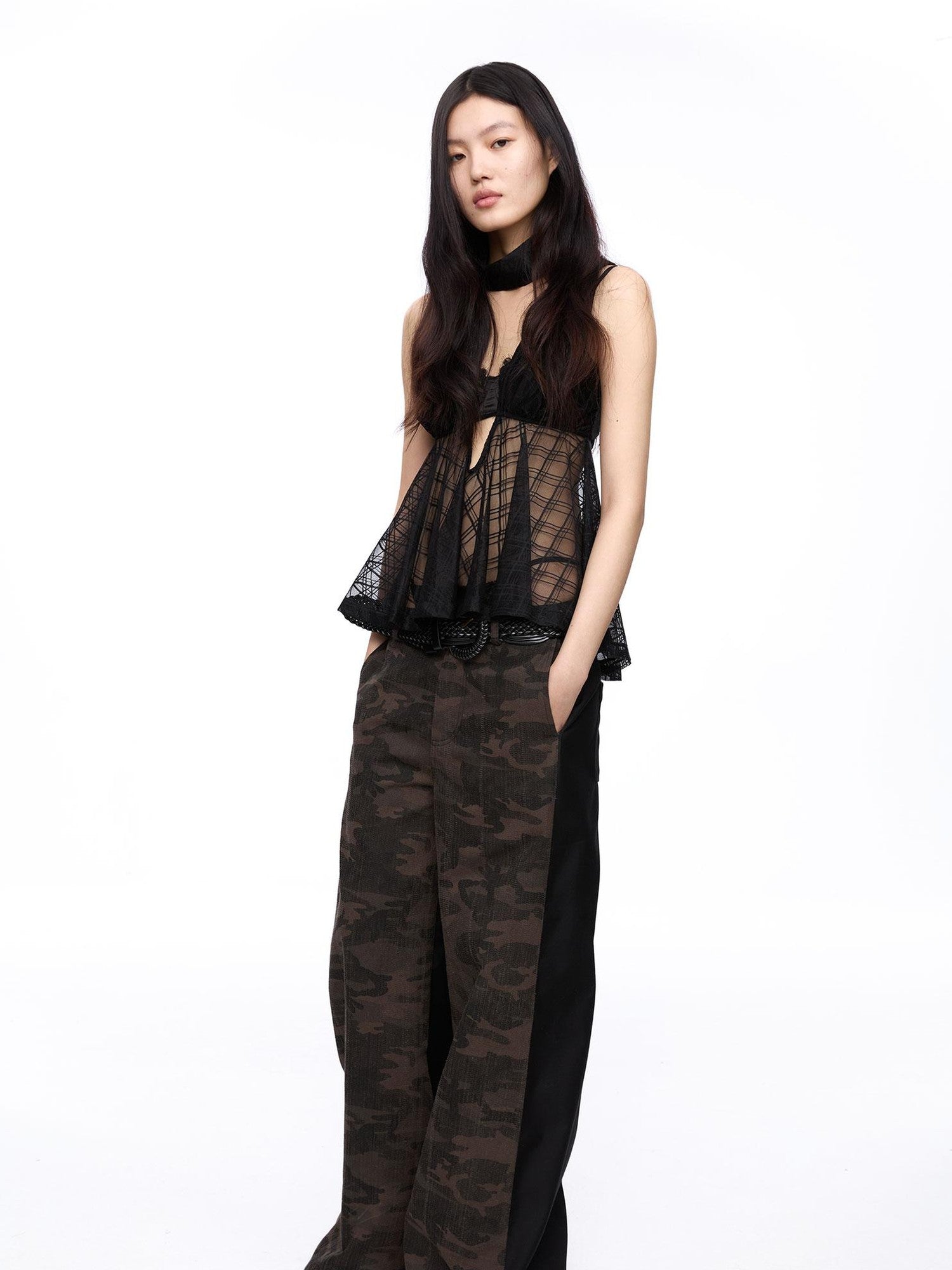 LYUOCHENG Plaid Mesh High Neck Vintage Women&