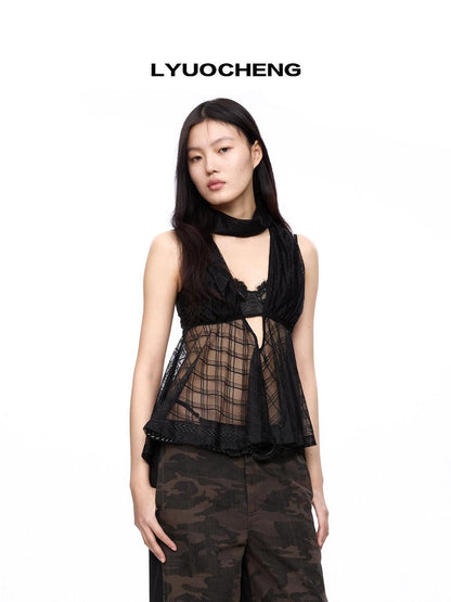 LYUOCHENG Plaid Mesh High Neck Vintage Women&