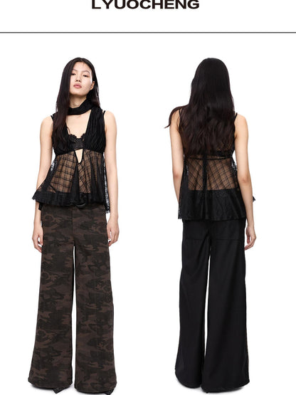 LYUOCHENG Plaid Mesh High Neck Vintage Women&