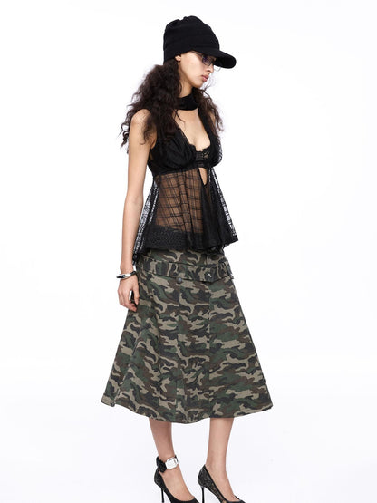 LYUOCHENG Plaid Mesh High Neck Vintage Women&