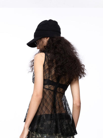 LYUOCHENG Plaid Mesh High Neck Vintage Women&
