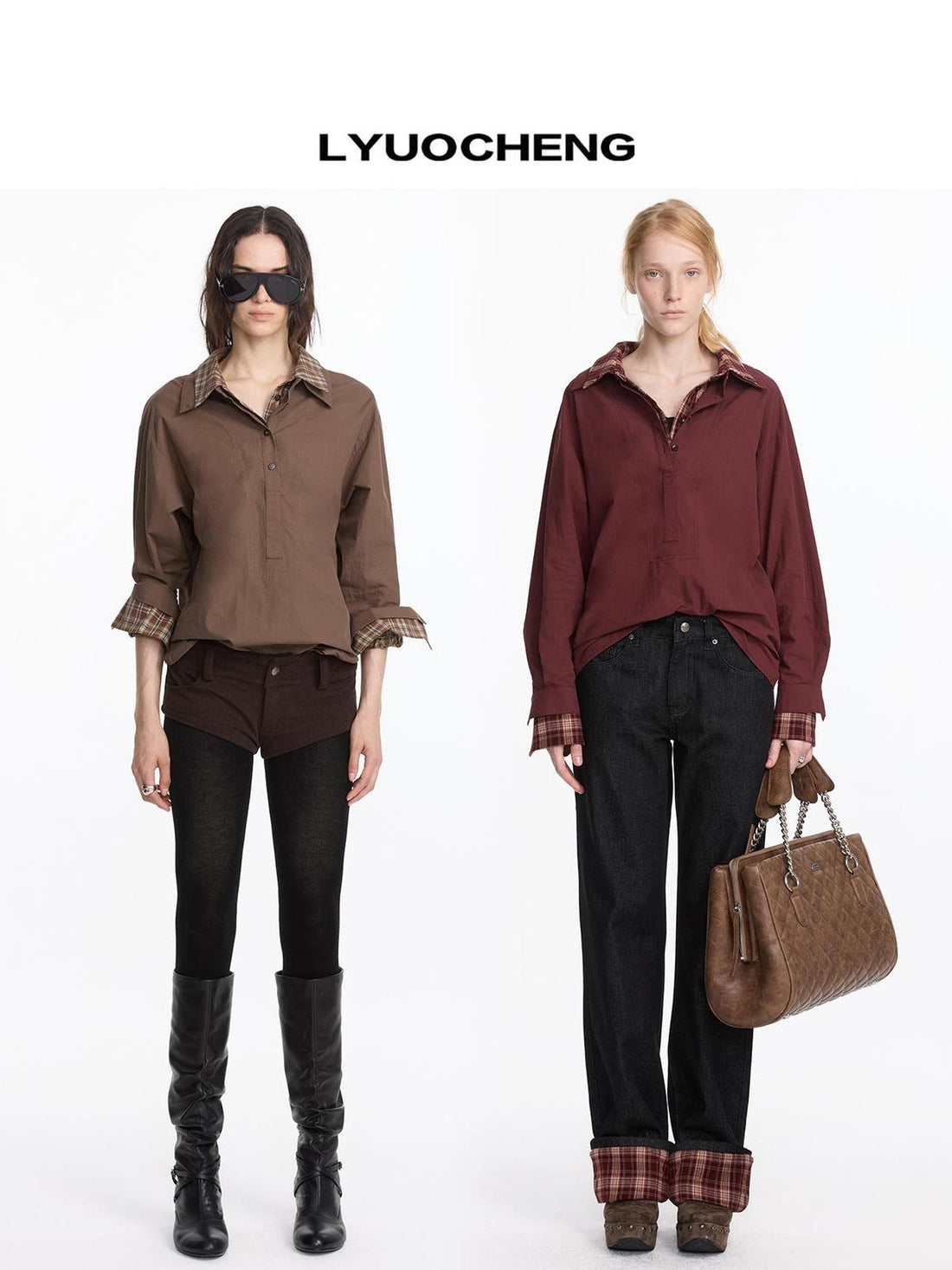 LYUOCHENG Plaid Patchwork Two Tone Long Sleeve Shirt