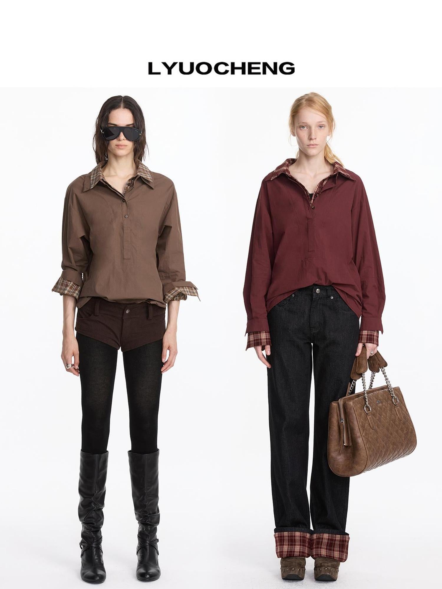 LYUOCHENG Plaid Patchwork Two Tone Long Sleeve Shirt