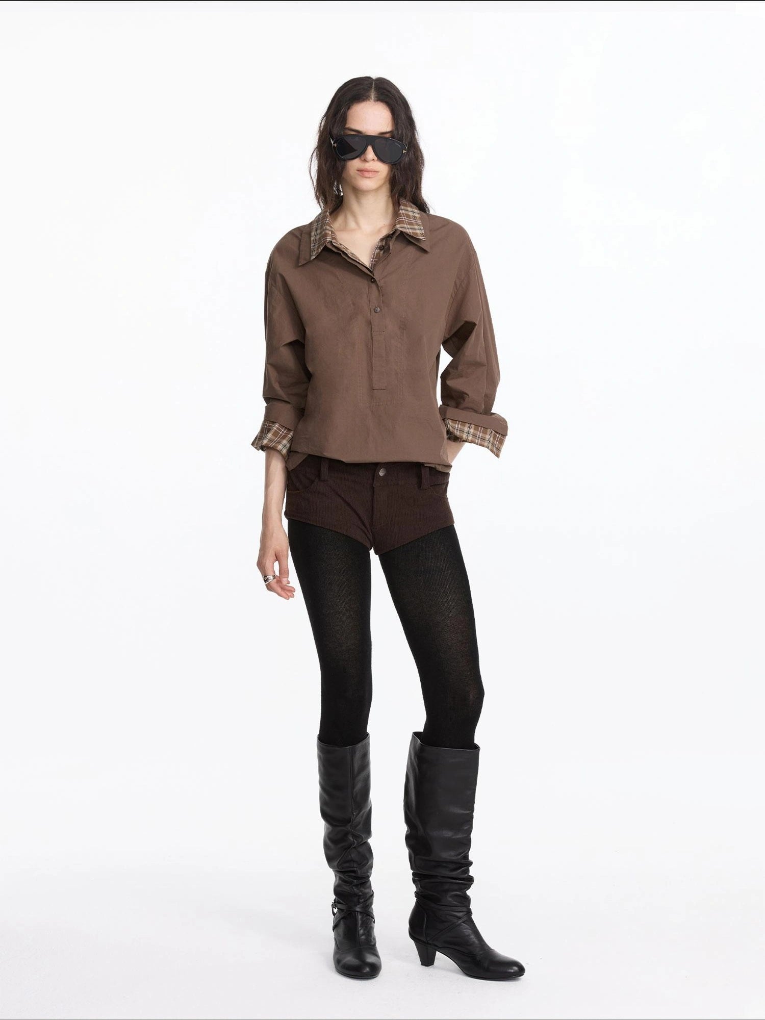 LYUOCHENG Plaid Patchwork Two Tone Long Sleeve Shirt