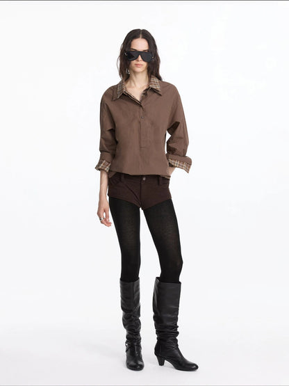 LYUOCHENG Plaid Patchwork Two Tone Long Sleeve Shirt
