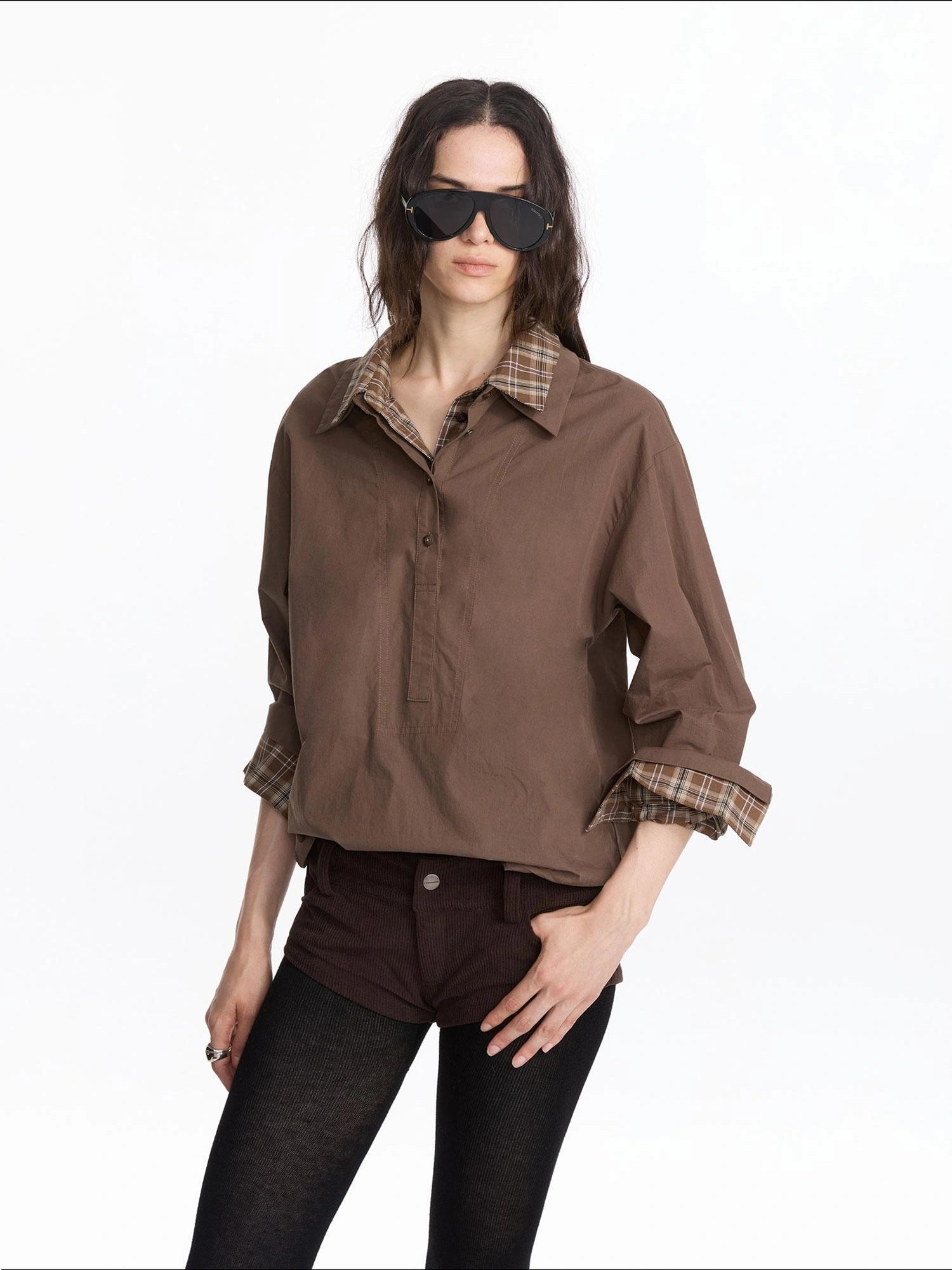 LYUOCHENG Plaid Patchwork Two Tone Long Sleeve Shirt