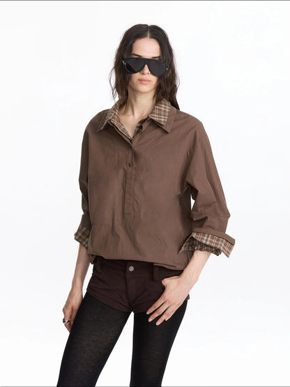 LYUOCHENG Plaid Patchwork Two Tone Long Sleeve Shirt
