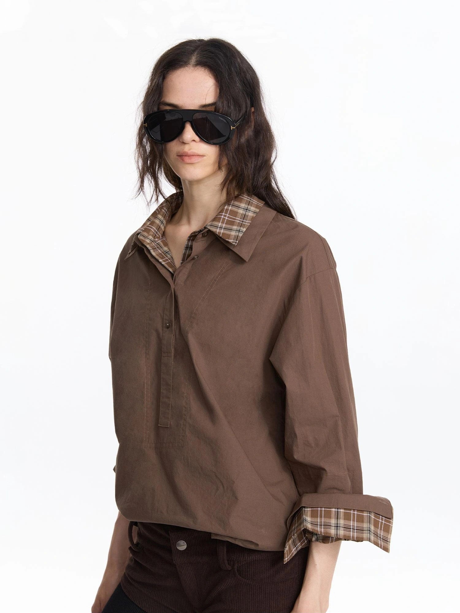 LYUOCHENG Plaid Patchwork Two Tone Long Sleeve Shirt