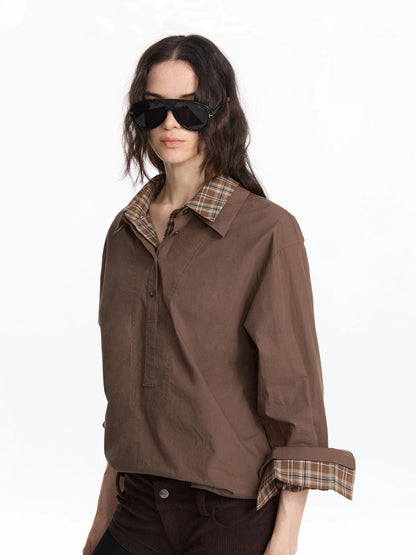 LYUOCHENG Plaid Patchwork Two Tone Long Sleeve Shirt
