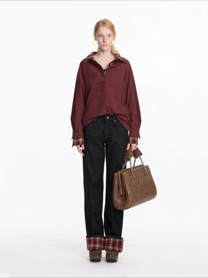 LYUOCHENG Plaid Patchwork Two Tone Long Sleeve Shirt