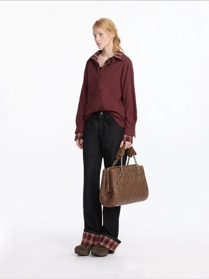 LYUOCHENG Plaid Patchwork Two Tone Long Sleeve Shirt