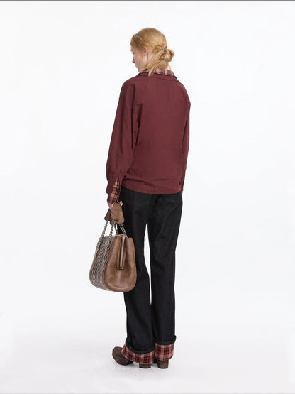 LYUOCHENG Plaid Patchwork Two Tone Long Sleeve Shirt