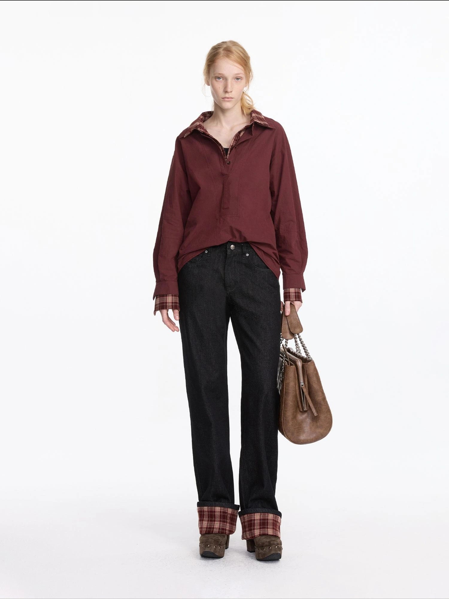 LYUOCHENG Plaid Patchwork Two Tone Long Sleeve Shirt