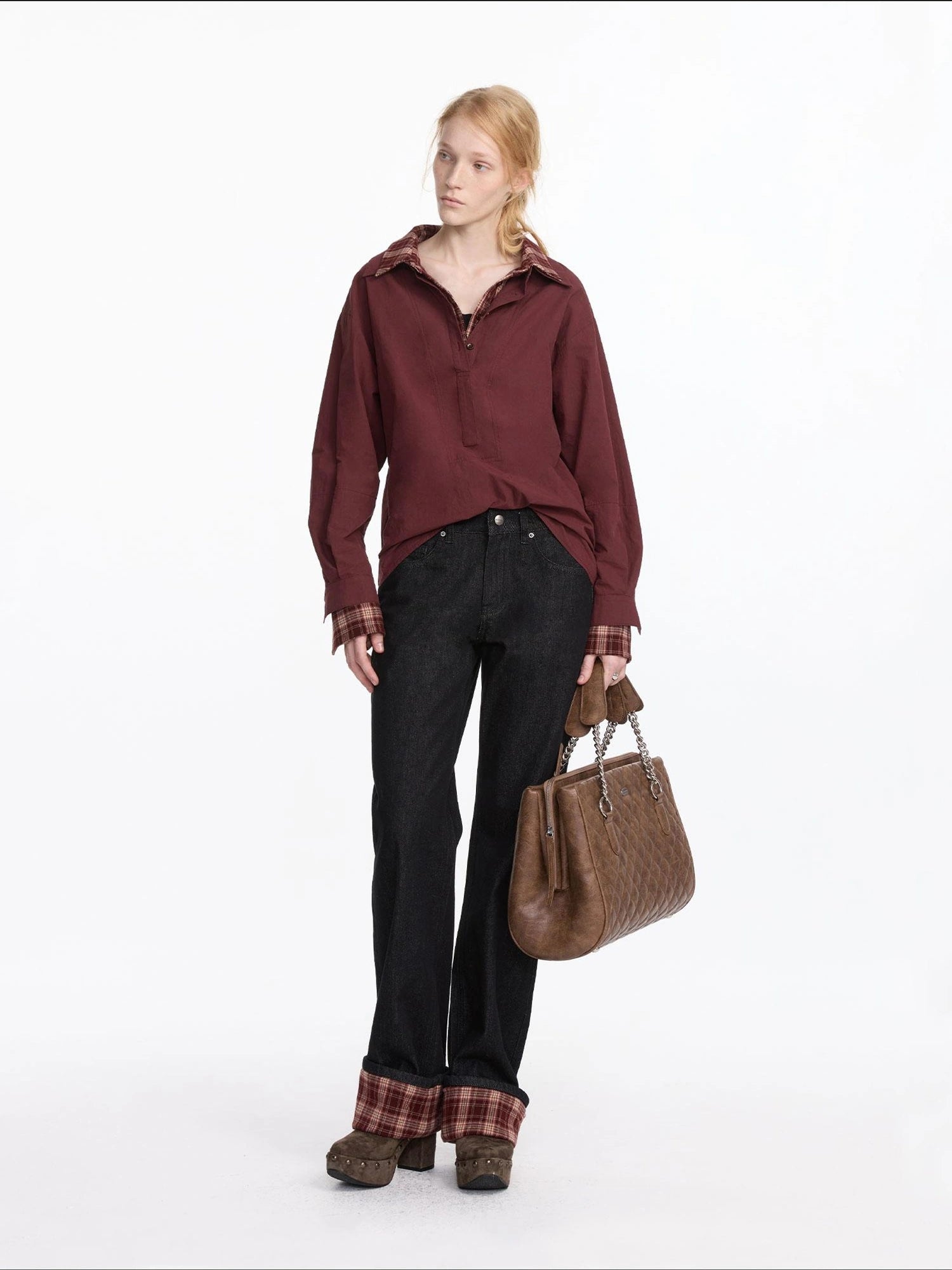 LYUOCHENG Plaid Patchwork Two Tone Long Sleeve Shirt