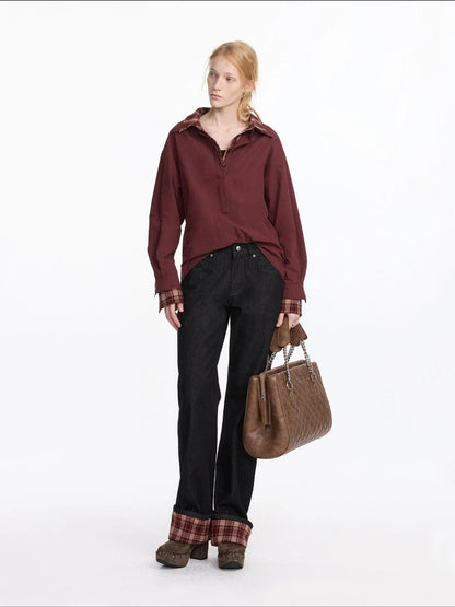 LYUOCHENG Plaid Patchwork Two Tone Long Sleeve Shirt