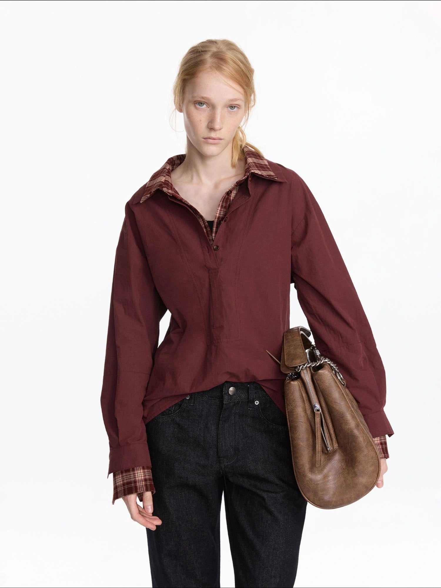 LYUOCHENG Plaid Patchwork Two Tone Long Sleeve Shirt